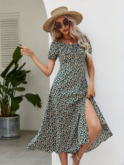 Floral Square Neck Split Dress Short Sleeve Spring Summer Women's Clothing