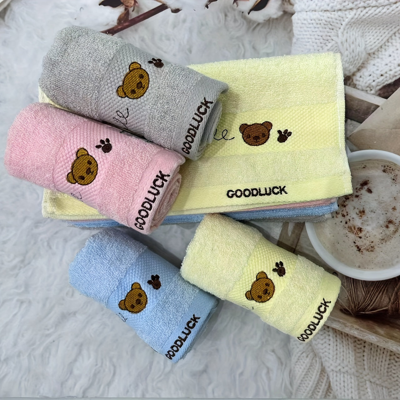 Embroidered Cartoon Pattern Cotton Face Washing Towel 25x9in 1pc