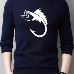 Fish Pattern Knitted Sweater Men's Casual Warm Pullover for Fall Winter