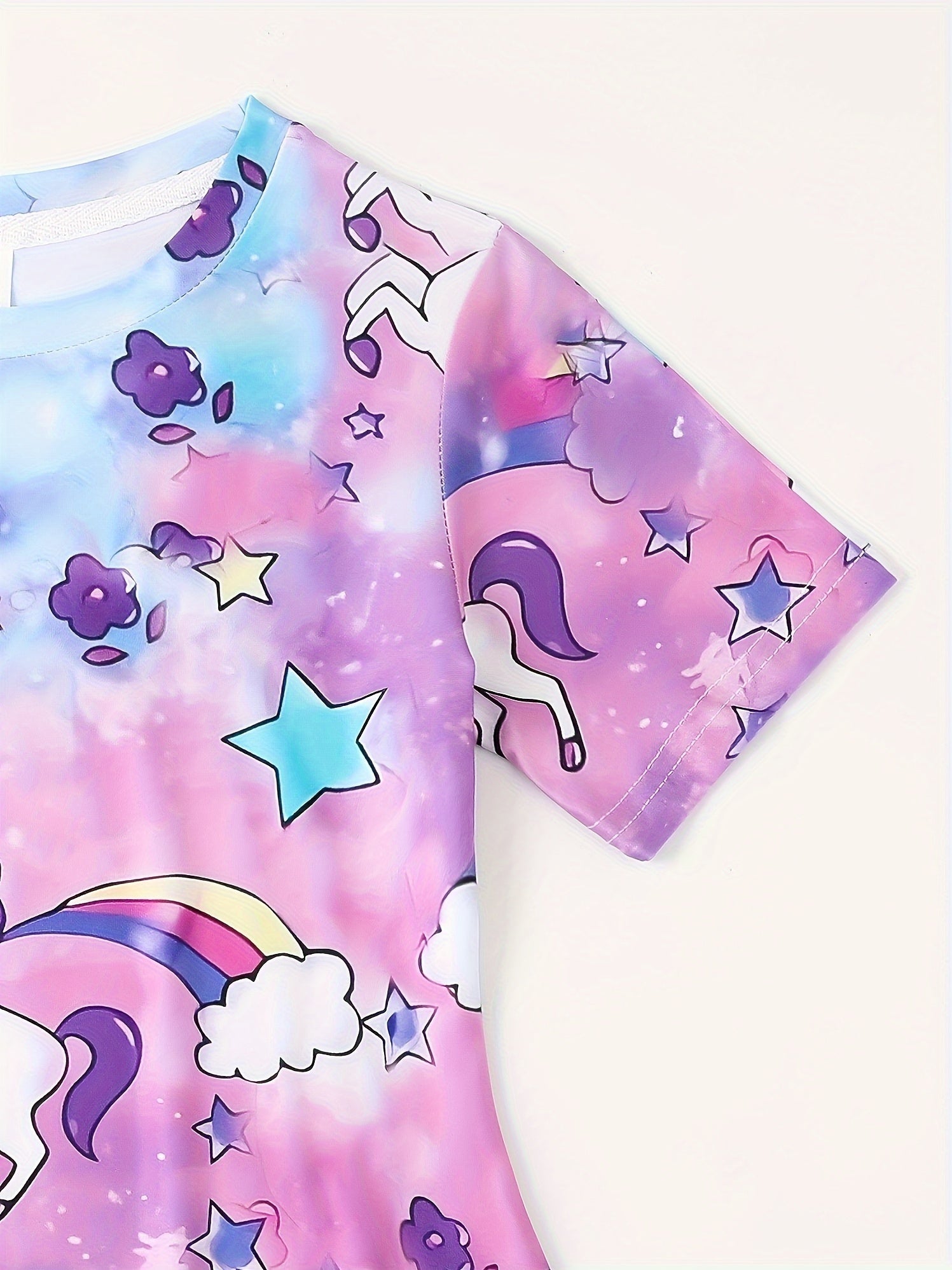 3D Unicorn & Starry Sky Graphic Short Sleeve Dress Girls Comfy Dresses