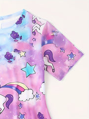 3D Unicorn & Starry Sky Graphic Short Sleeve Dress Girls Comfy Dresses