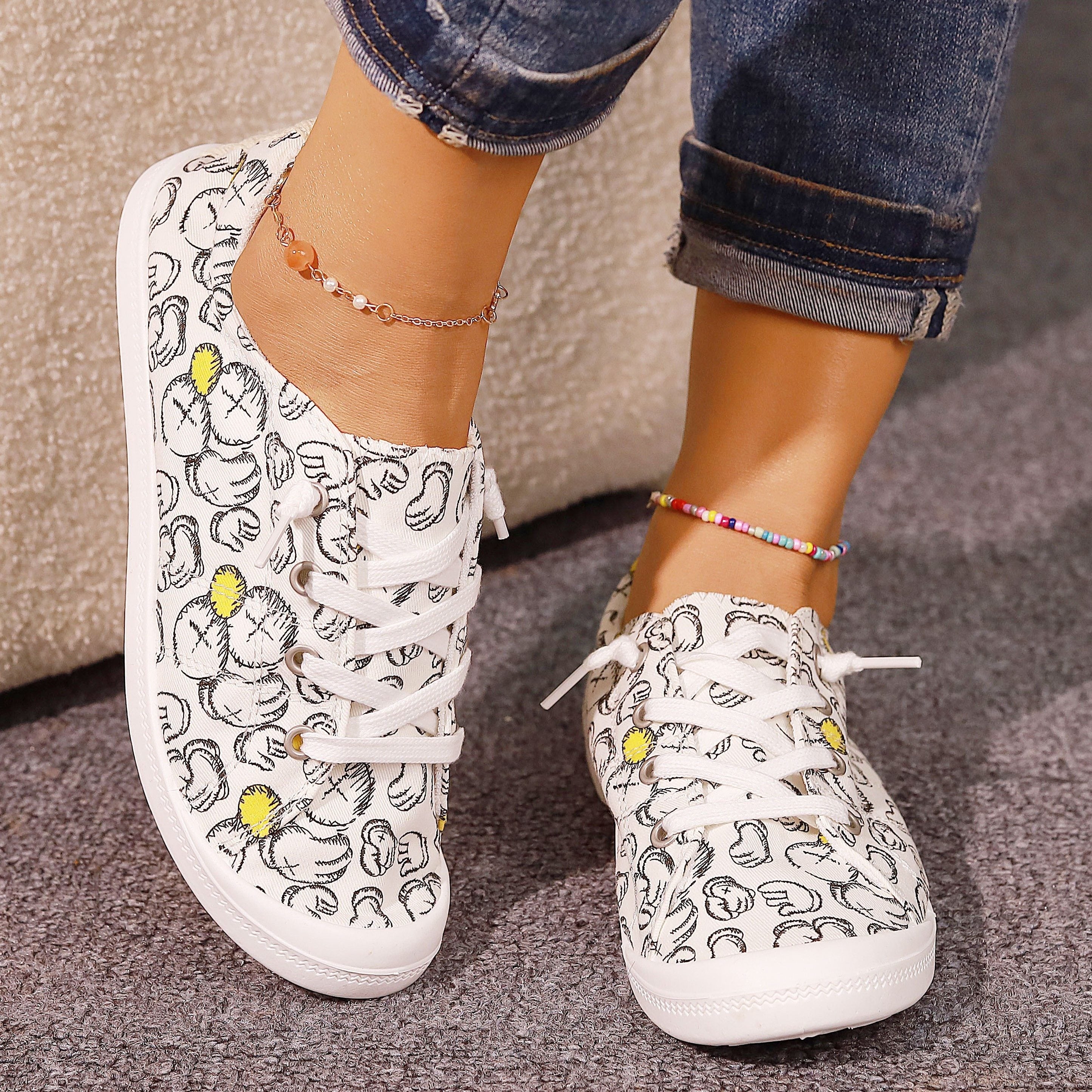 Cartoon Palm Print Canvas Lace Up Low Top Sneakers