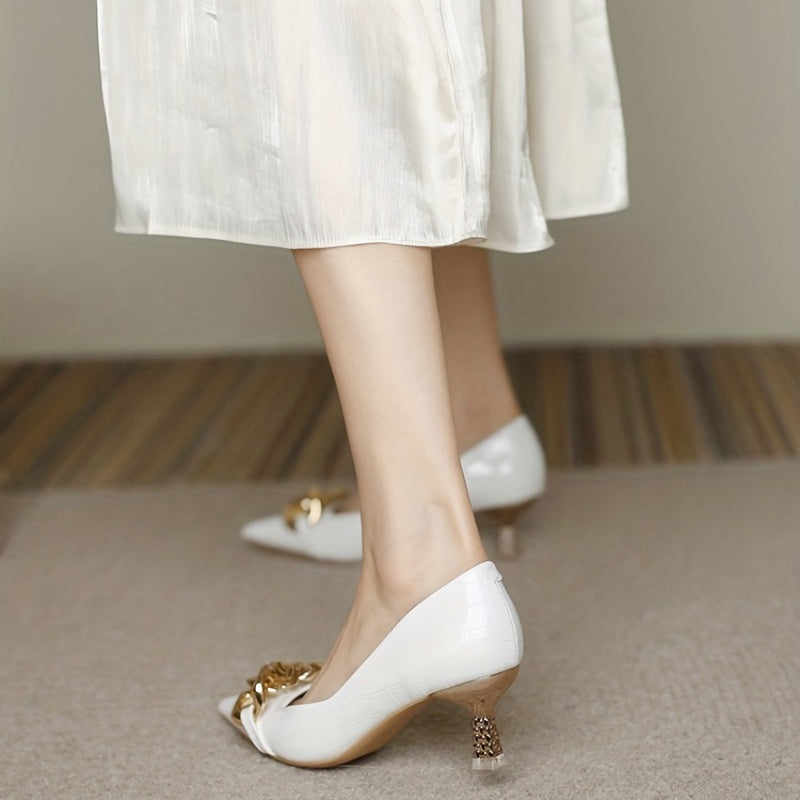Chain Decor Pointed Toe Pumps Slip On Mid Heels