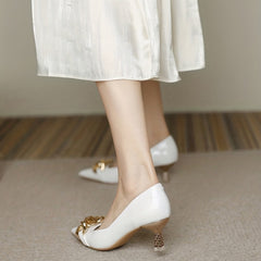 Chain Decor Pointed Toe Pumps Slip On Mid Heels