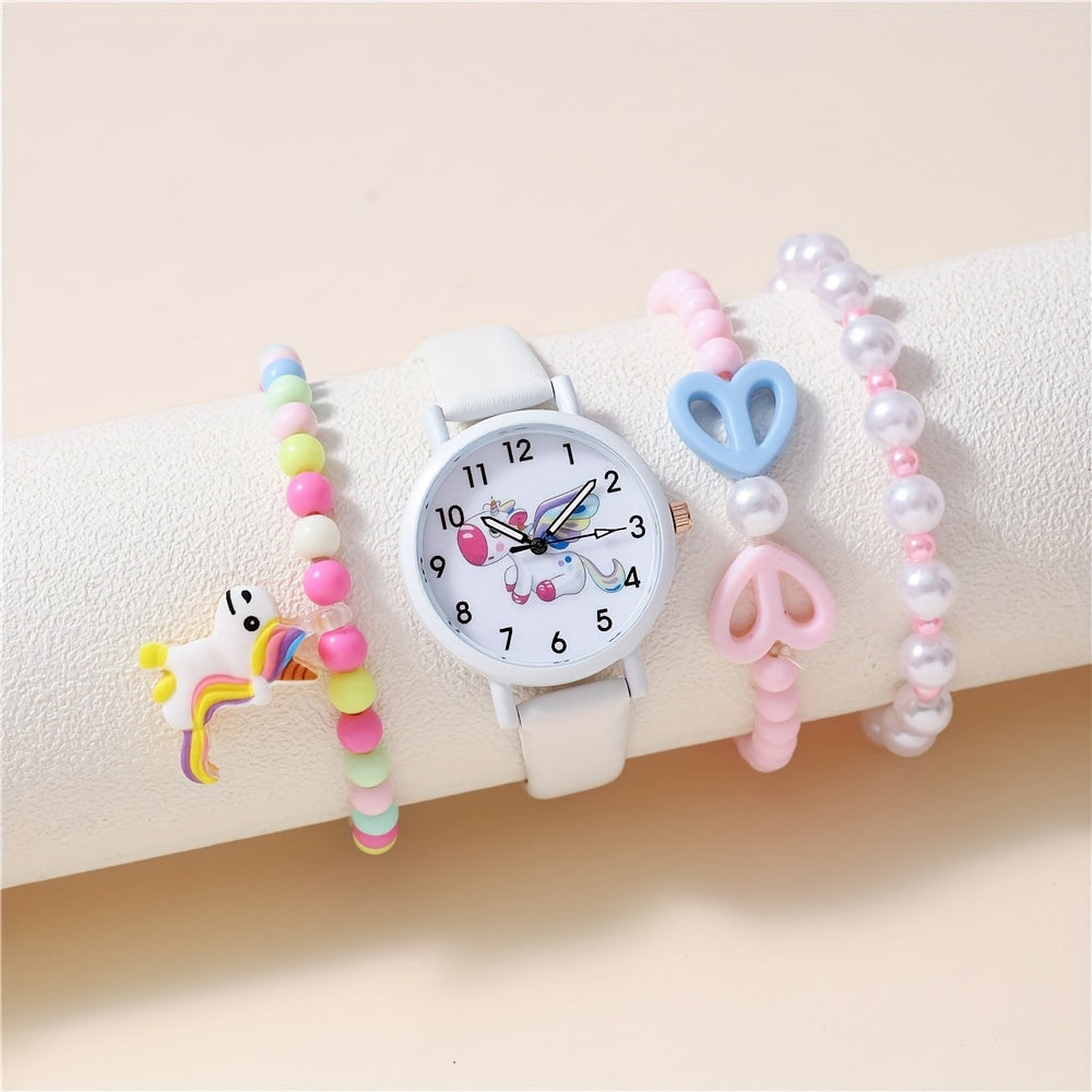 Unicorn Pattern Belt Watch & 3 Bracelets Set