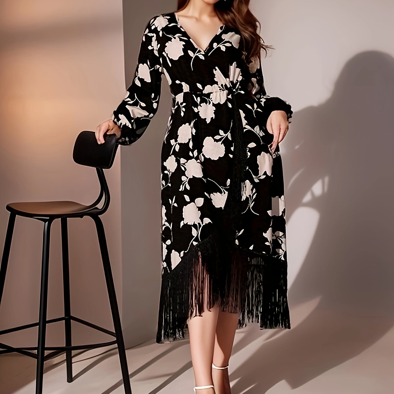 Women's Plus Floral Lantern Sleeve Fringe Dress