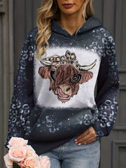 Cow Head Print Kangaroo Pocket Hoodie Long Sleeve Hoodies
