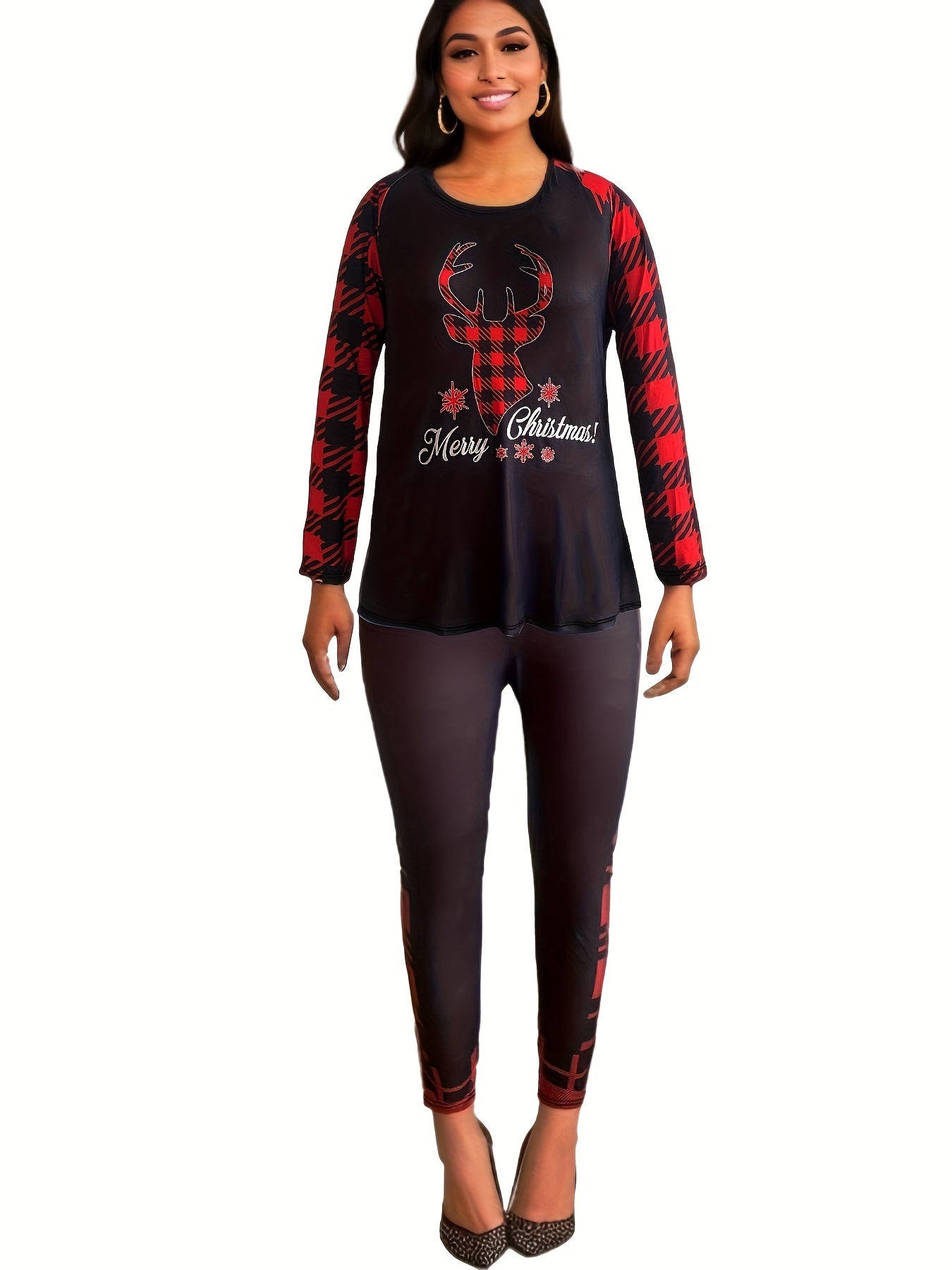 Plaid Deer & Letter Print Tee & Leggings Set