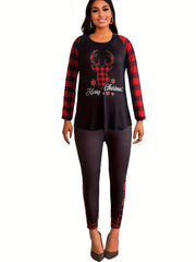Plaid Deer & Letter Print Tee & Leggings Set