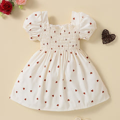 Newborn Princess Party Dress Sweet Heart Print Puff Sleeves Square Neck