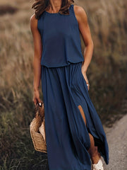 Split Solid Dress Casual Crew Neck Sleeveless Blouson Dress