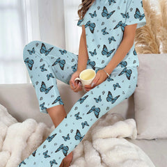 Butterfly Print Pajama Set Short Sleeve Top & Elastic Waistband Pants