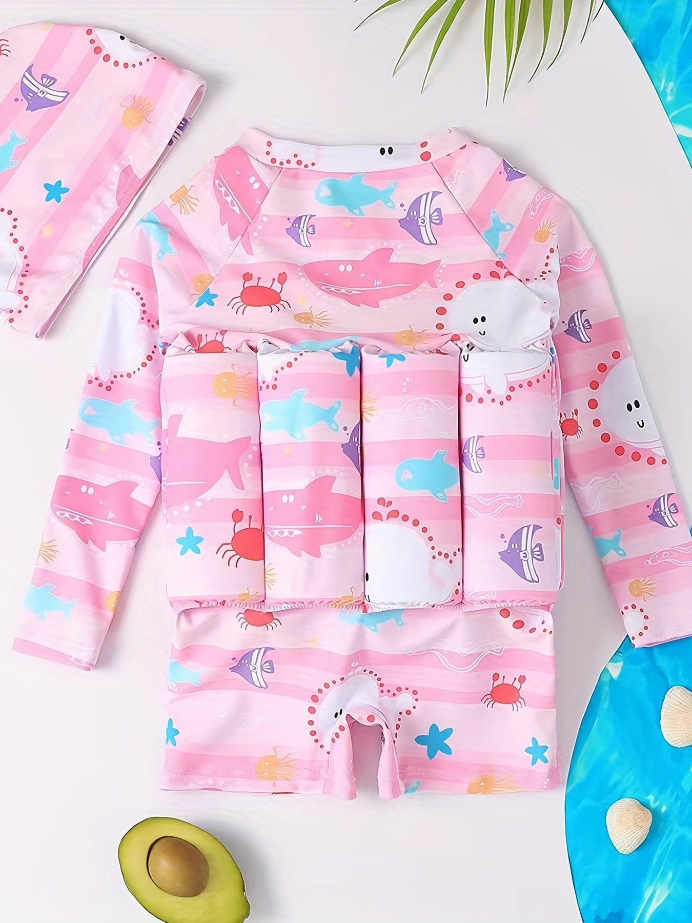 2pcs Baby Cartoon Print Buoyancy Swimsuit & Cap Set