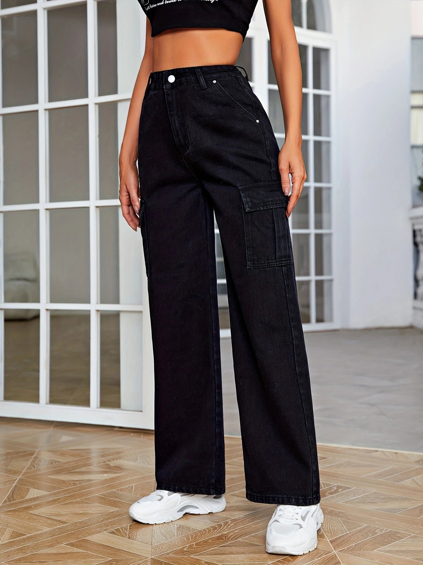 High Rise Denim Cargo Pants Solid Wide Leg Casual Cargo Jeans
