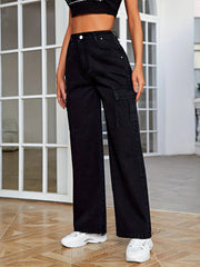 High Rise Denim Cargo Pants Solid Wide Leg Casual Cargo Jeans