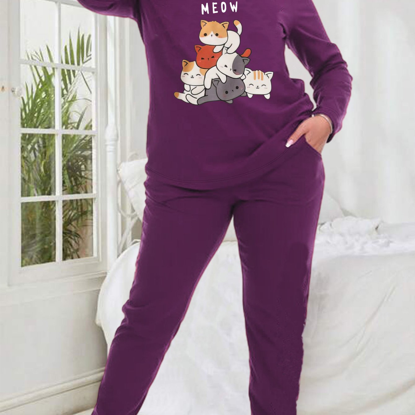Cats & Letter Long Sleeve Tee & Joggers Lounge Set