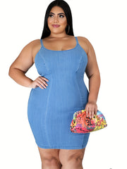 Sexy Plus Denim Dress Solid Scoop Neck Bodycon Mini