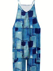Denim Print Dual Pockets Romper Casual Sleeveless Jumpsuit