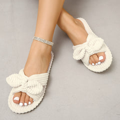 Striped Print House Slippers Bow Tie Open Toe Creamy Flat Home Slides