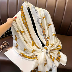 Vintage Horse Print Satin Scarf Silk Shawl Women Head Wrap Casual Sunscreen