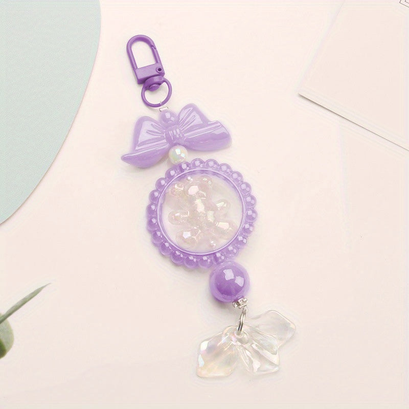 Cute Bear Keychain with Bow Knot and Beaded Shell Pendant for Girls
