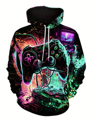 Gamepad Print Hoodie for Men Graphic Pullover with Pocket