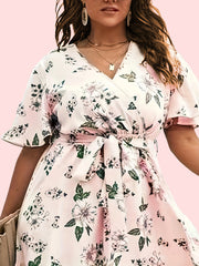 Floral Print Surplice Neck Dress With Belt