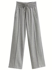 Solid Drawstring Wide Leg Pants Casual Elastic Waist Long Length