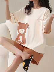 Bear Print Pajama Set Short Sleeve Crew Neck Top & Shorts Women's Sleepwear