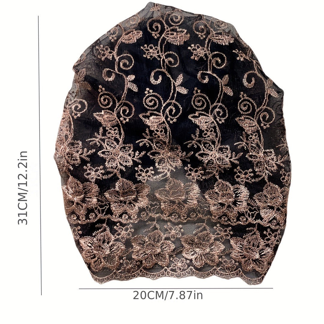Vintage Lace Flower Embroidery Turban Cap Double Layer Hijab Boho Head Scarf