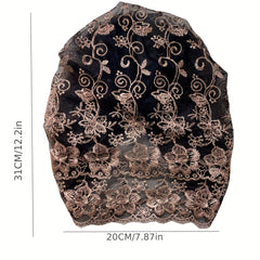 Vintage Lace Flower Embroidery Turban Cap Double Layer Hijab Boho Head Scarf