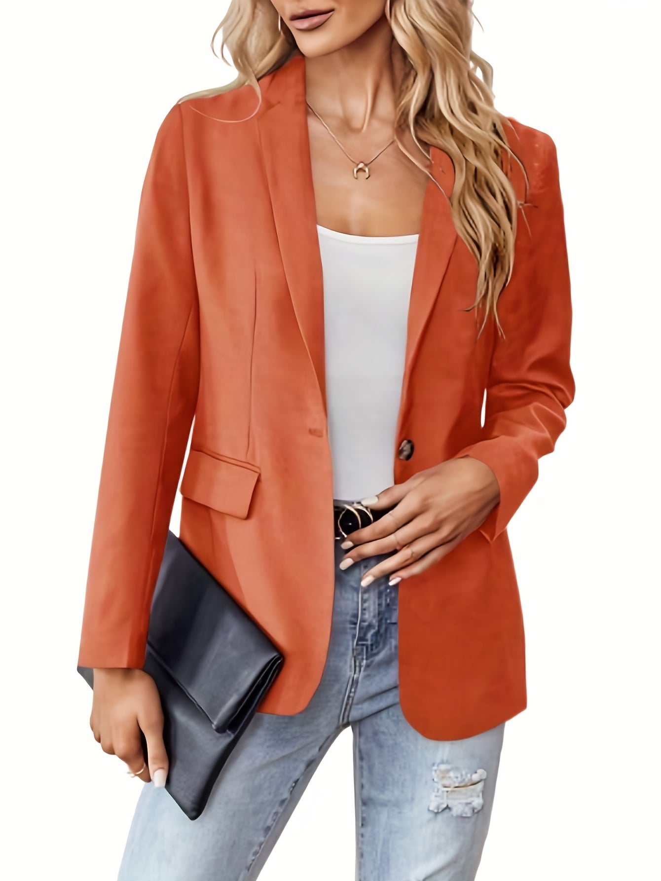 Solid Lapel Long Sleeve Blazer Open Front Women's Outerwear