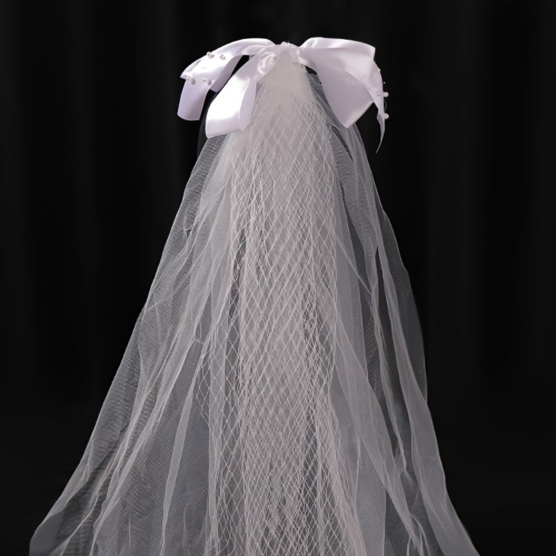 Faux Pearl Bow Lace Bridal Veil For Women Bride Party Wedding