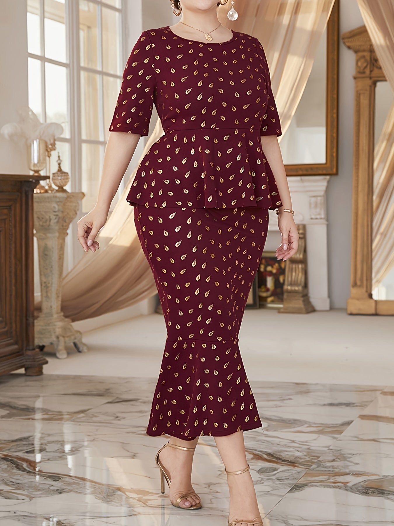 Women's Golden Dot Print Ruffle Trim Mermaid Dress