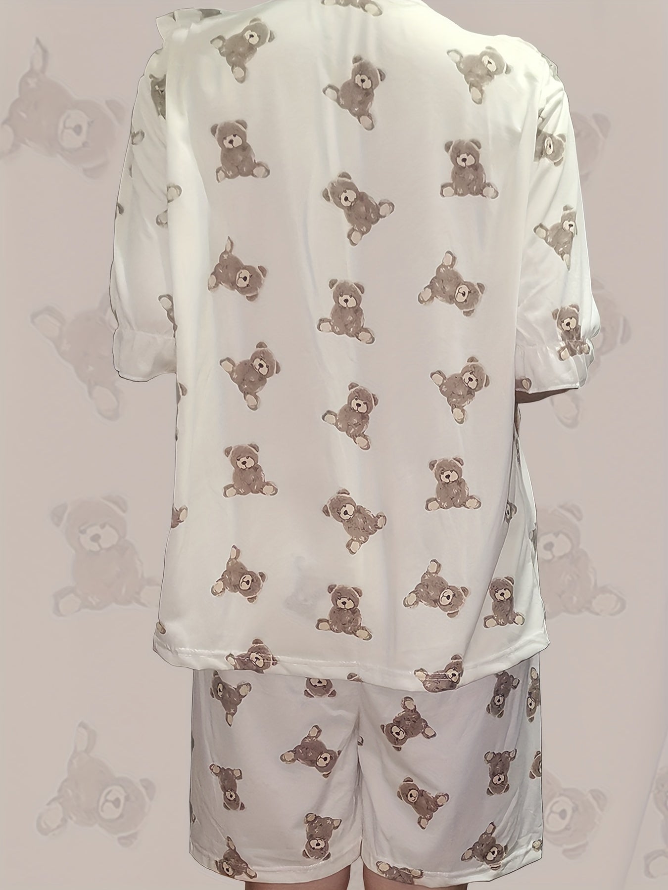 Teddy Bear Print Pajama Set Lace Trim Half Sleeve Top & Shorts