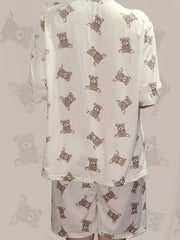 Teddy Bear Print Pajama Set Lace Trim Half Sleeve Top & Shorts