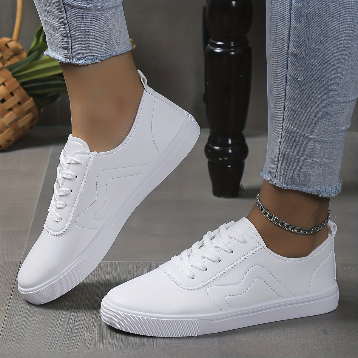 Women's Lace-Up Sneakers Low Top Faux Leather Shoes