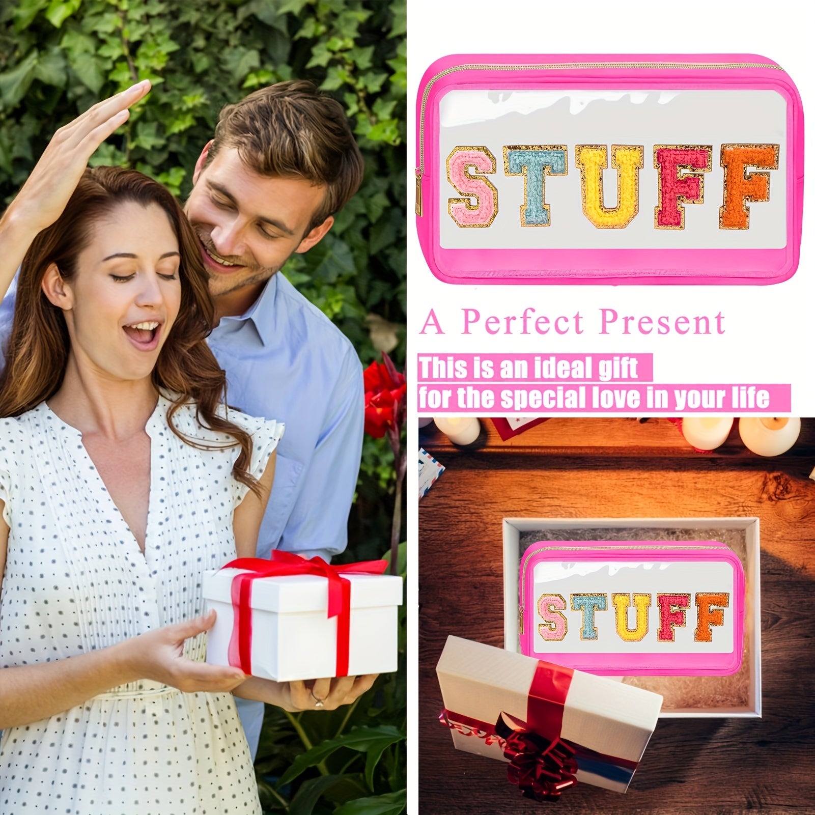 Chenille Letter Clear Makeup Bags Preppy Patch with Zipper