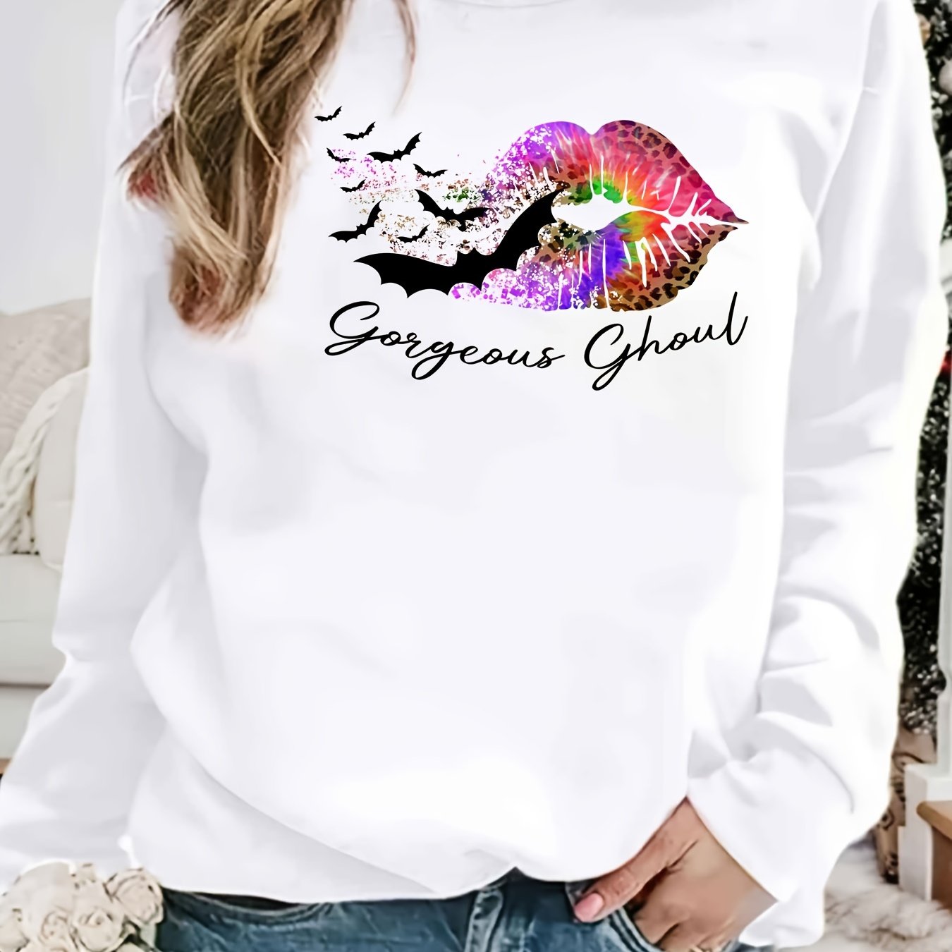 Gorgeous Ghoul Print Sweatshirt Crew Neck Women's Clothing