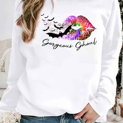 Gorgeous Ghoul Print Sweatshirt Crew Neck Women's Clothing