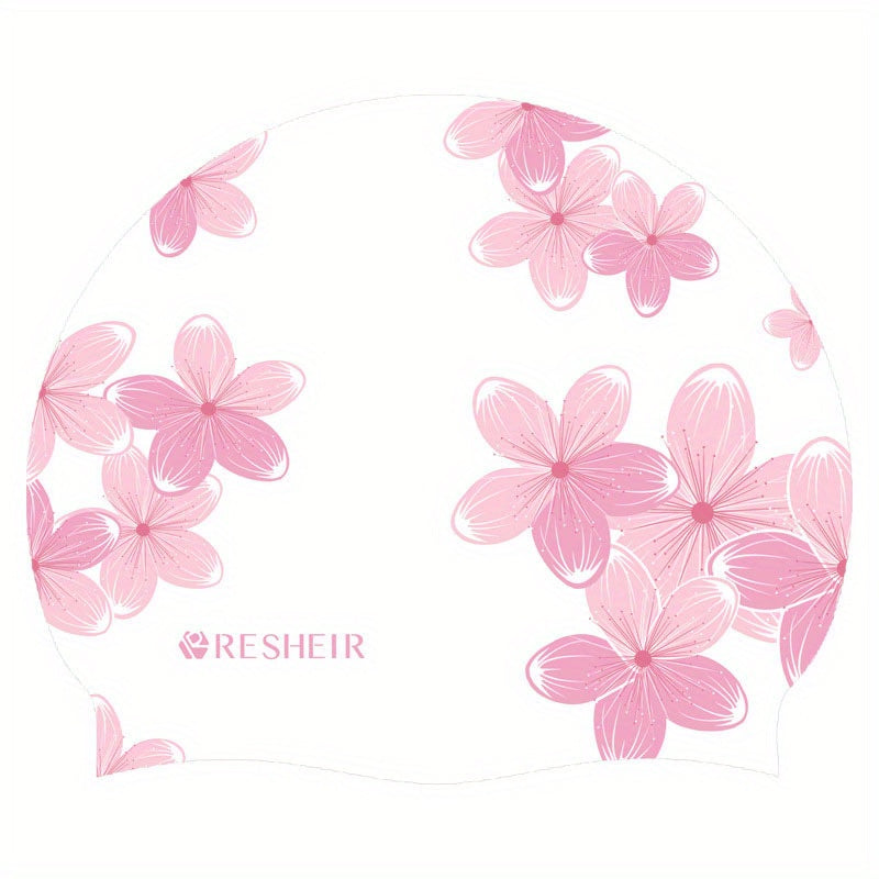 Flower Print Silicone Swimming Cap for Women Waterproof Ear Protection