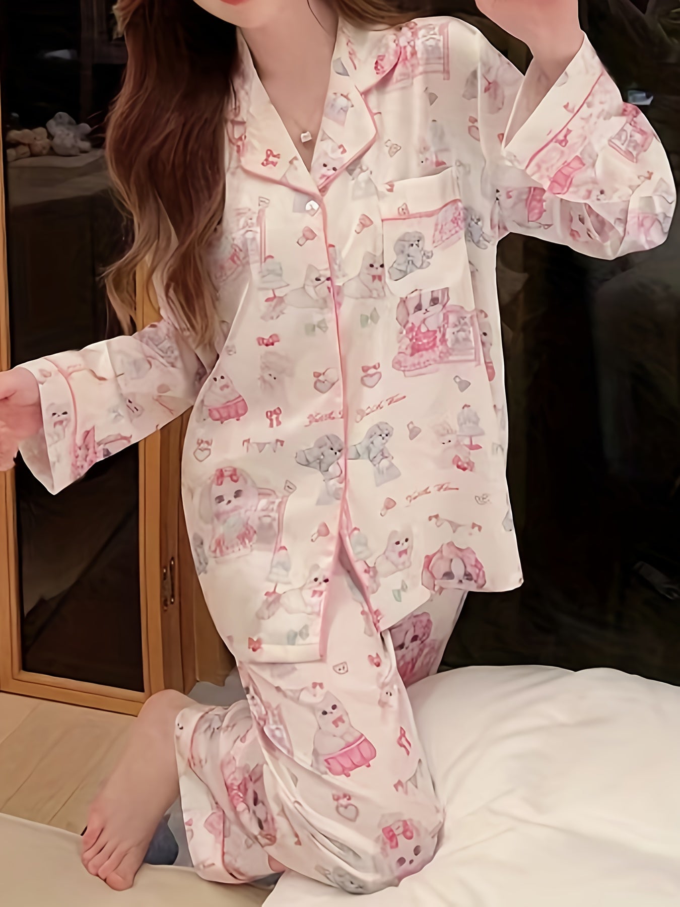 Cartoon Print Pajama Set Long Sleeve Top & Pants Women's Sleepwear