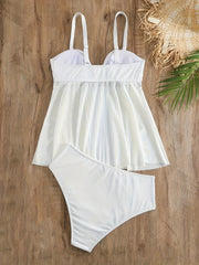 Ribbed Knit Tankini Set Solid Cut Out Cami Top & Panty Swimsuit