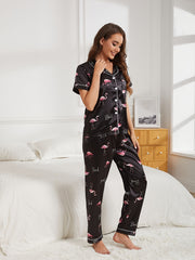 Flamingo Print Pajama Set Short Sleeve Top & Pants