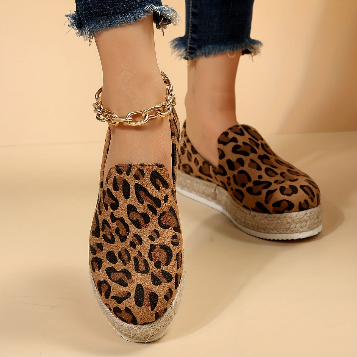 Leopard Print Platform Espadrille Loafers Soft Sole Slip On Shoes