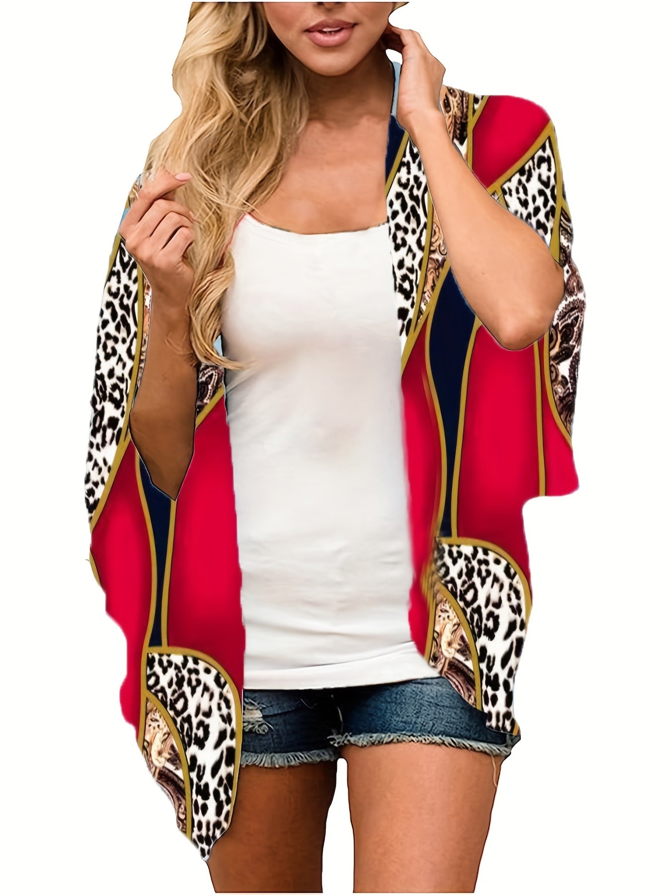 Leopard Print Bat Sleeve Open Front Cardigan