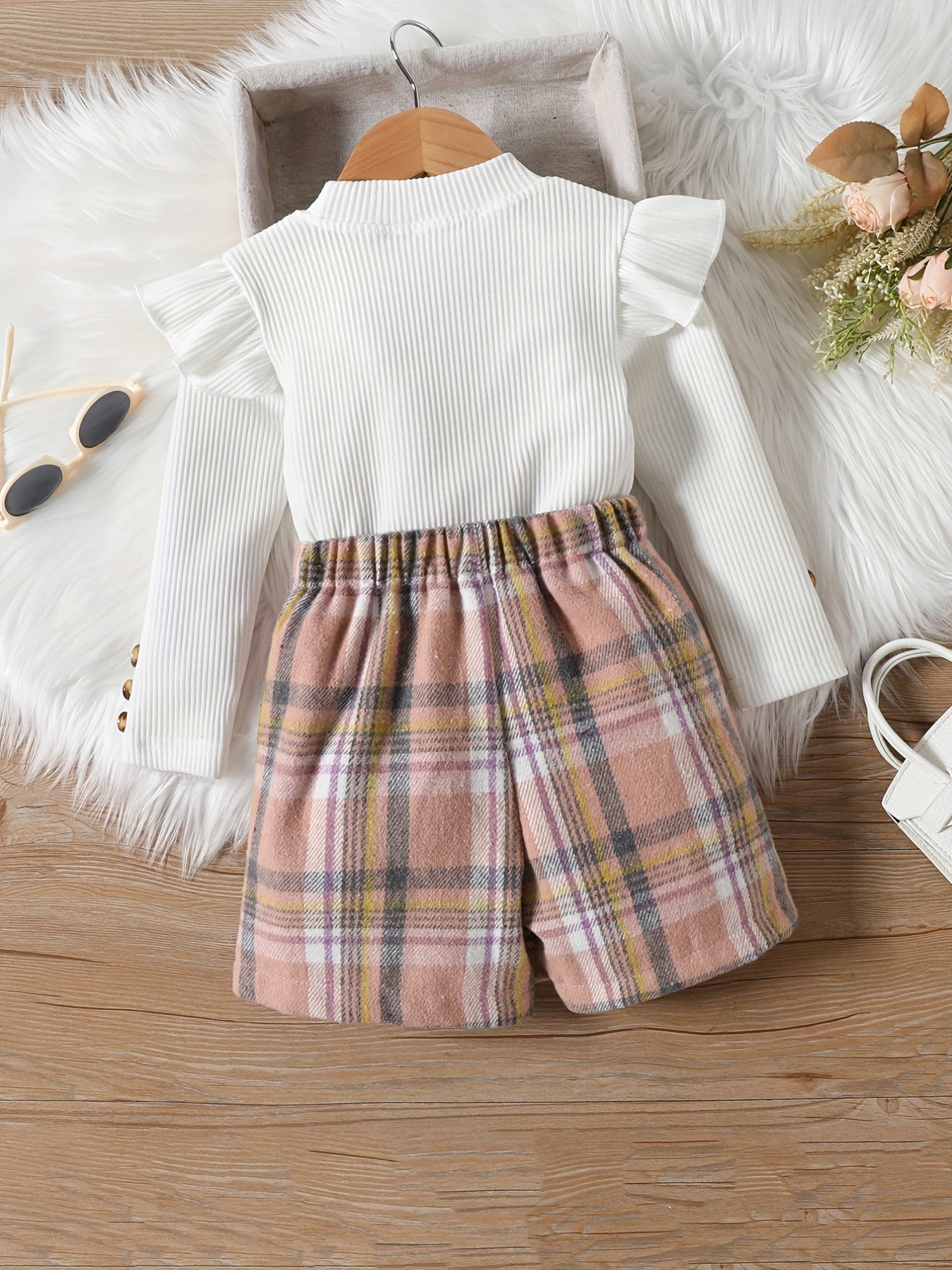 Girl's Ribbed Top & Plaid Shorts Set Casual Outfits Kids Clothes