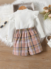 Girl's Ribbed Top & Plaid Shorts Set Casual Outfits Kids Clothes