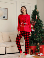 Christmas Elk Print Pajama Set Long Sleeve Top & Plaid Pants
