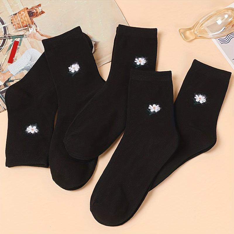 5 Pairs Floral Print Socks Breathable Mid Tube Stockings